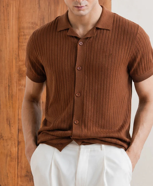 CAPPUCCINO TEXTURED KNITTED CUBAN SHIRT