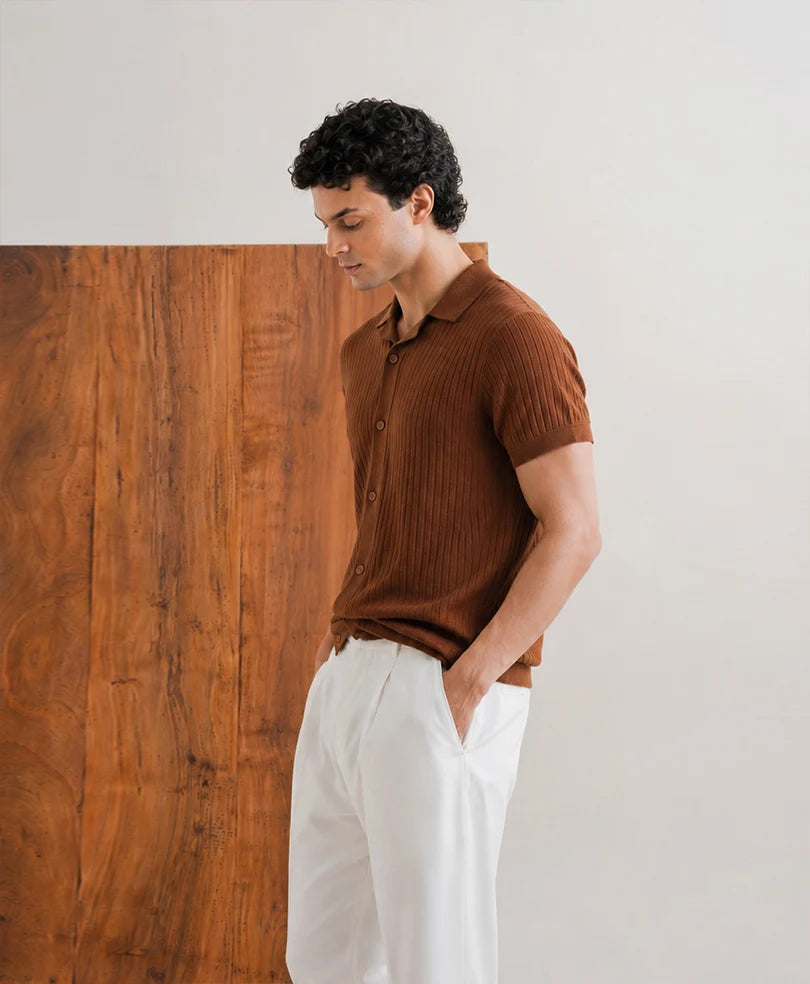 CAPPUCCINO TEXTURED KNITTED CUBAN SHIRT