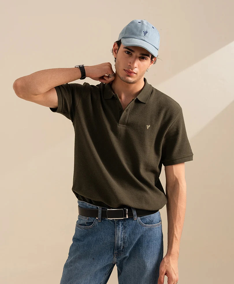 FOREST NIGHT HERRINGBONE KNIT POLO