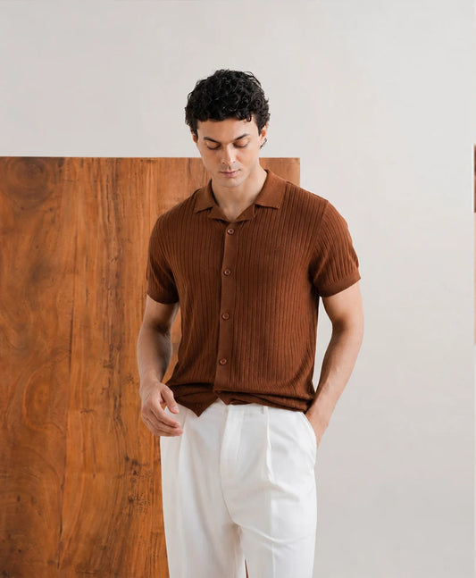 CAPPUCCINO TEXTURED KNITTED CUBAN SHIRT