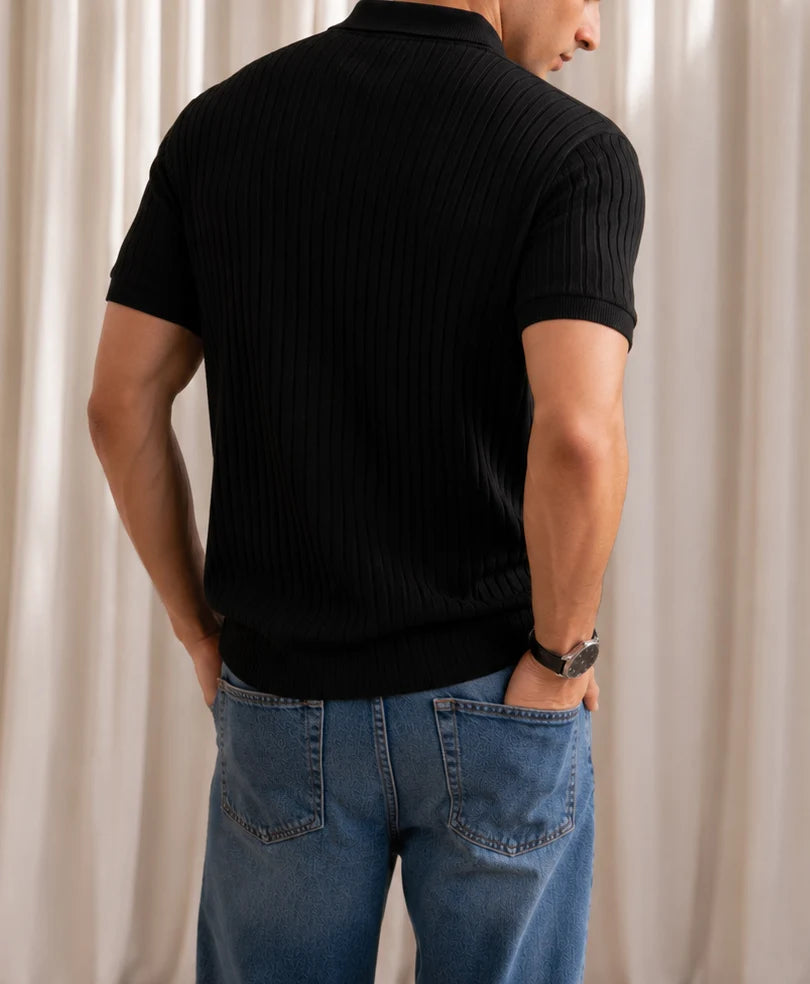 Black Textured Knitted Cuban Shirt