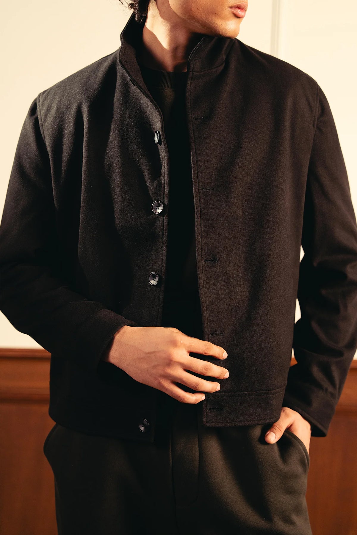 Tailored Herringbone Jacket – Black