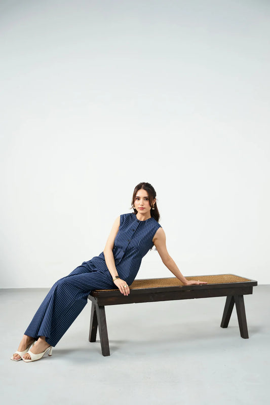 Material & Fit: Cotton woven fabric | Regular fit Suitable for: Smart casual & occasion wear  Details:  Round neckline with button placket Sleeveless design Side pockets Matching wide-leg pinstriped pants Sizing: Model is 5'4", and wearing a size 'XS'.